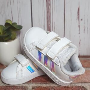adidas Kids White Sneakers with Iridescent Stripes
